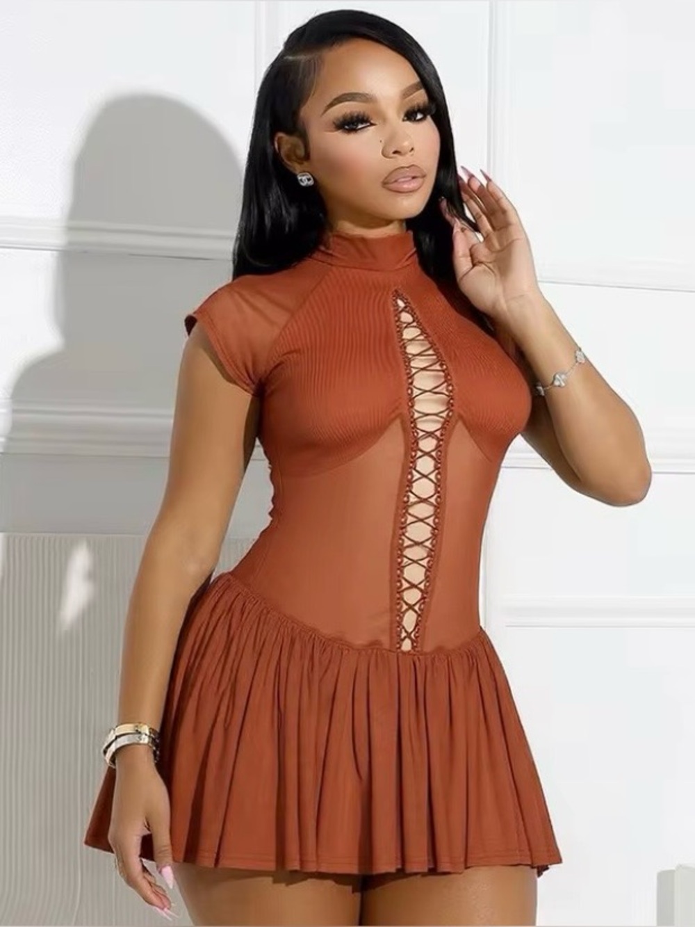 Rust Lace-Up Mesh Trim Mini Dress